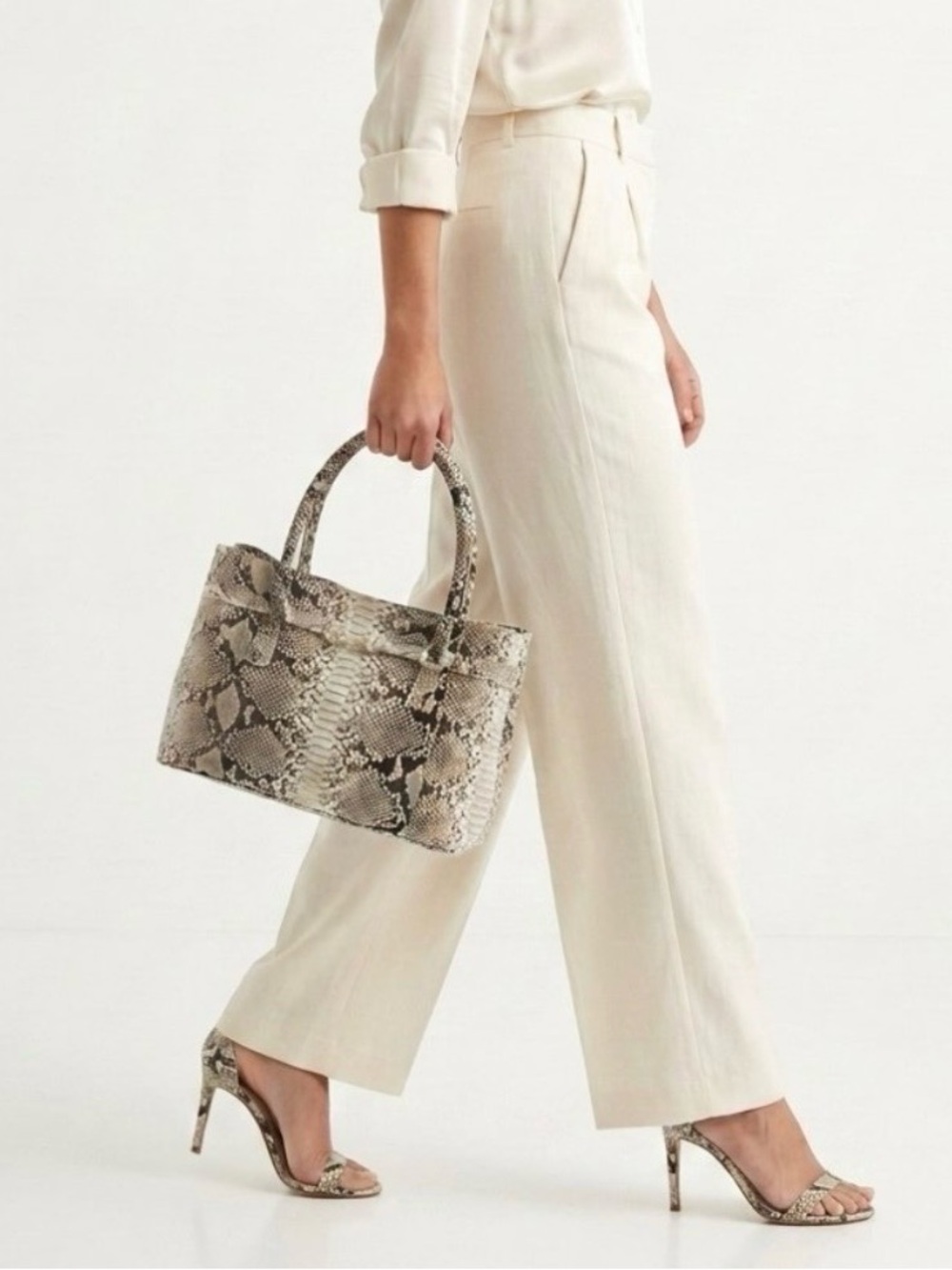 New Grand Pelle Python Leather Tote Bag Shoulder Bag Handbag Brown Cream Luxury
